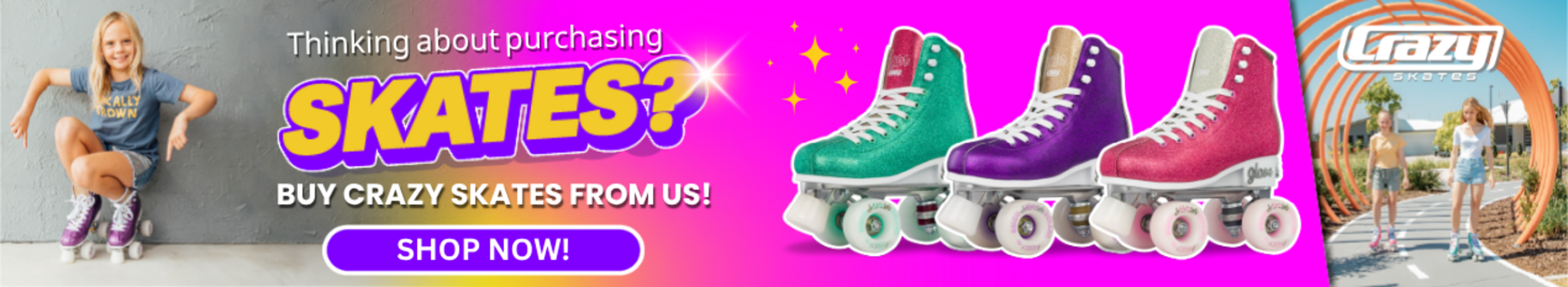 Bright banner promoting colorful roller skates