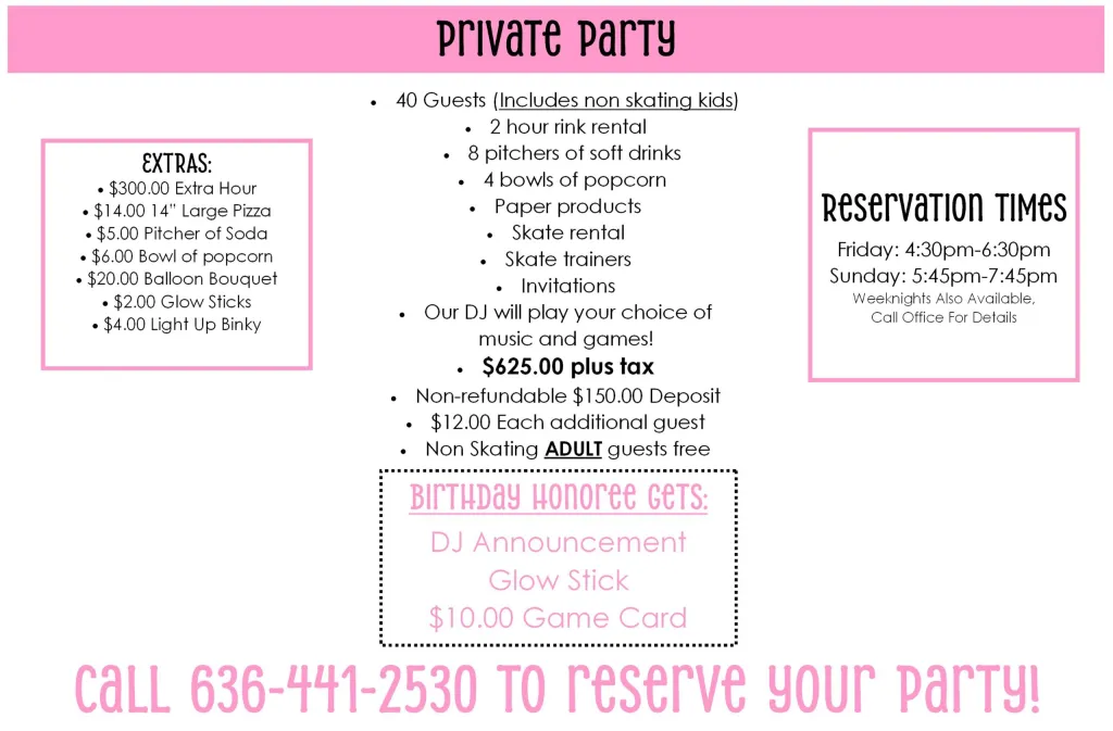 Private party reservation details and pricing